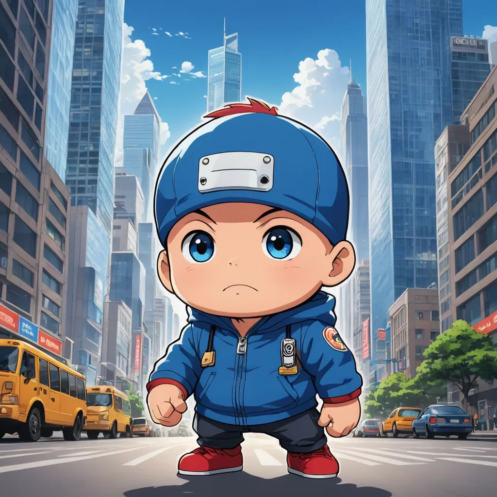 a cartoon character is standing in the middle of a city street with a bus in the background and a man in a blue jacket, lyco art, concept art, Adam Manyoki, official art