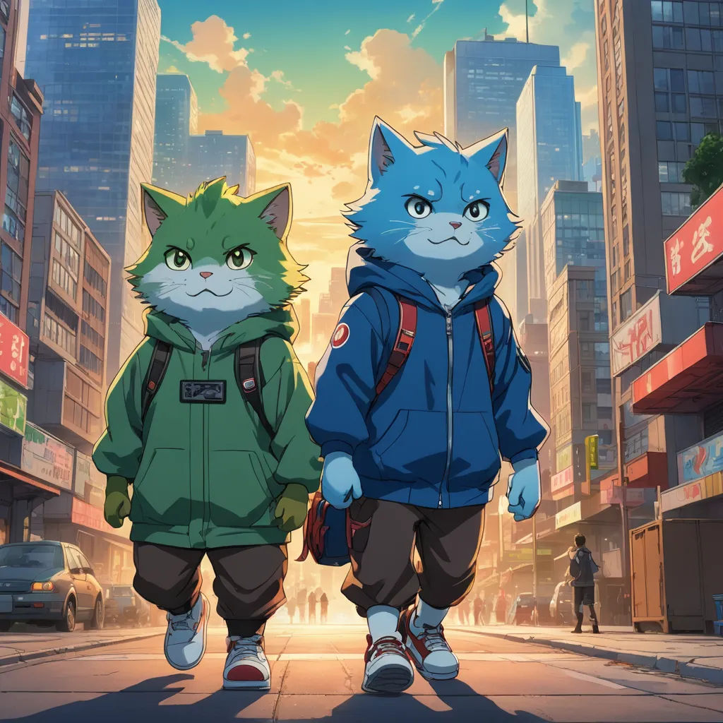 two cats walking down a city street in front of tall buildings with a sky background and a person in a blue jacket, furry art, poster art, Felix-Kelly, official art