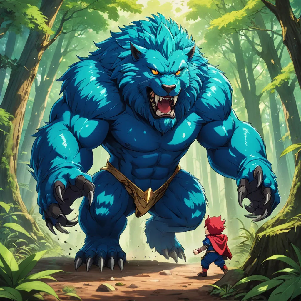 a cartoon of a big blue monster with a red caper on his head and a red cloak on his shoulders, furry art, concept art, Brom, league of legends splash art
