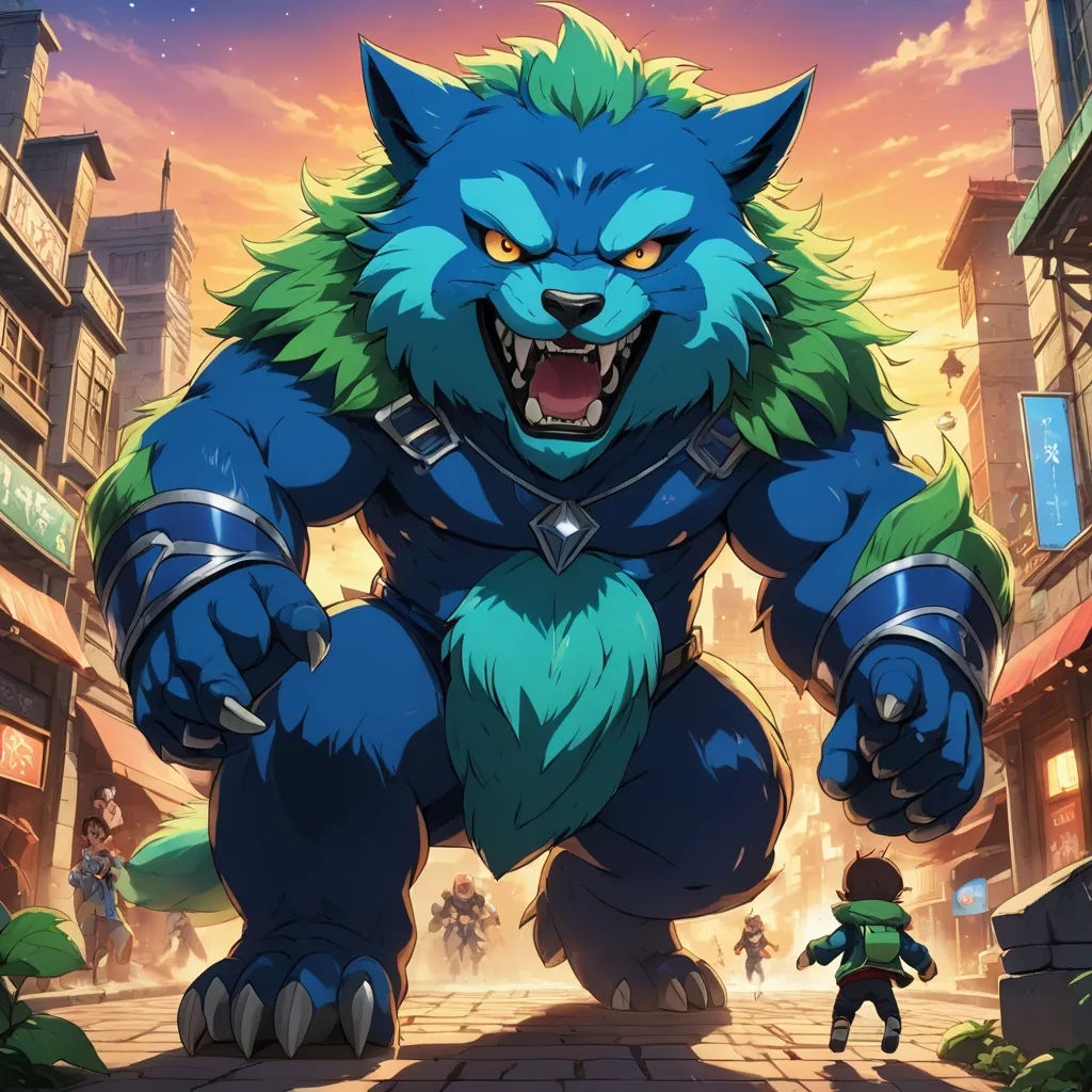 a cartoon character with a big furry animal in the middle of a city street with a person in the background, furry art, concept art, Du Jin, league of legends splash art