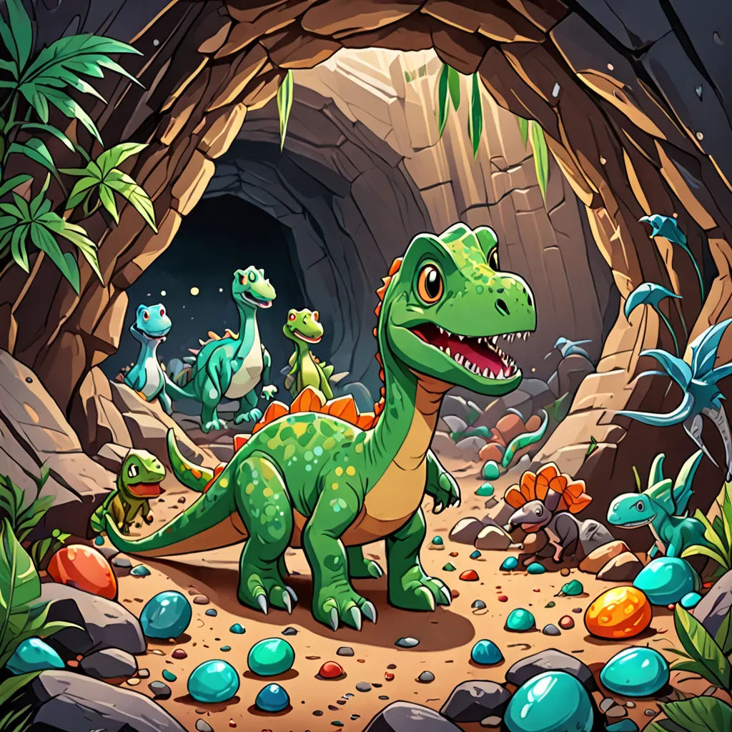 a group of dinosaurs in a cave with rocks and plants around them, with a cave entrance in the background, sots art, concept art, Adam Rex, rossdraws global illumination