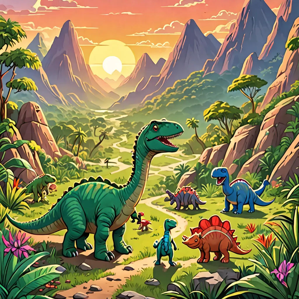 a painting of a dinosaur family in a mountain landscape with a sunset in the background and mountains in the foreground, primitivism, a storybook illustration, Chris LaBrooy, promotional image