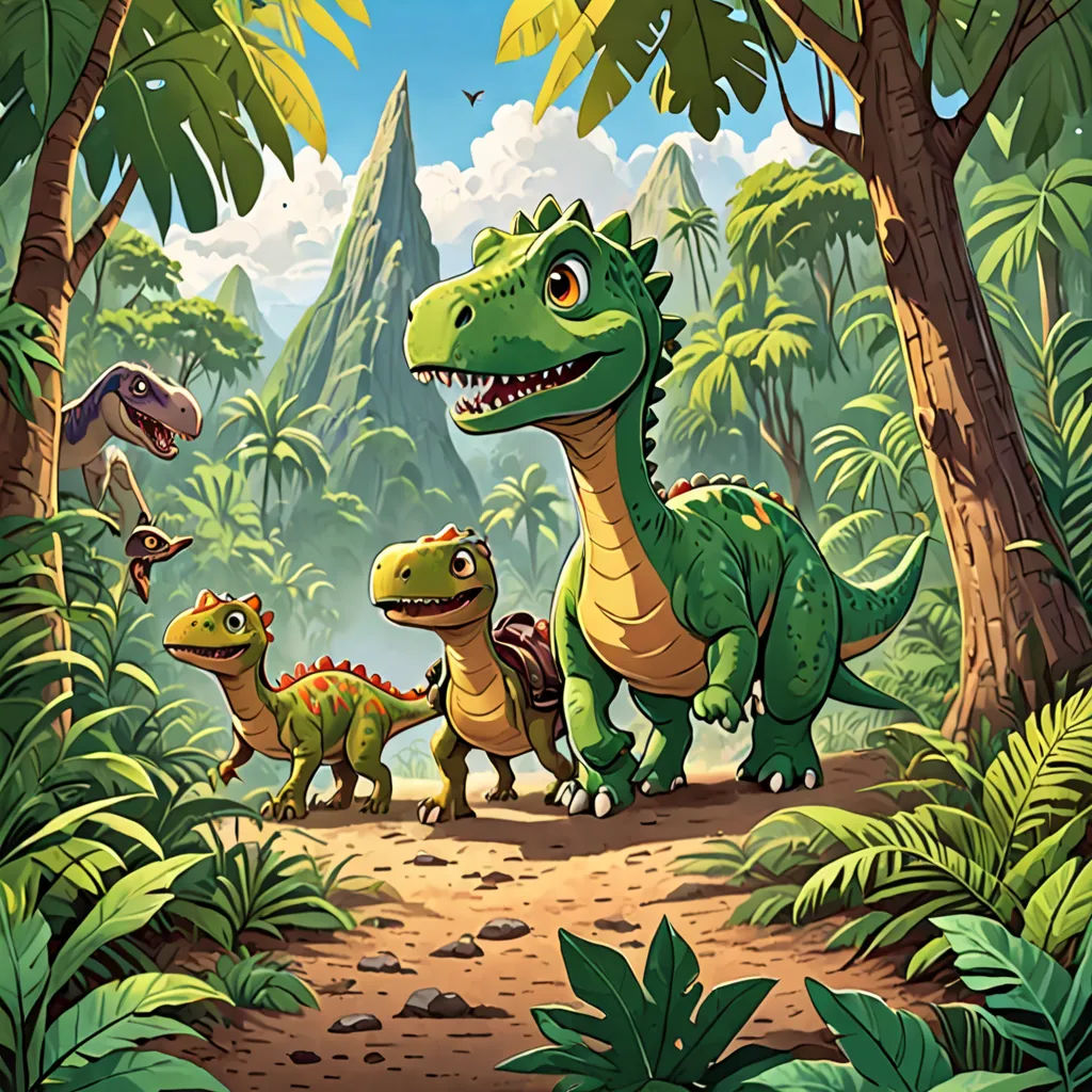 a group of dinosaurs walking through a jungle filled with trees and plants, with a mountain in the background, sots art, a storybook illustration, Adam Rex, official art