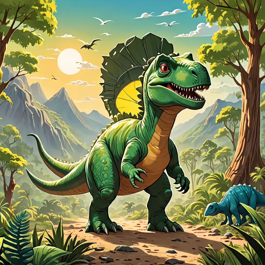 a dinosaur with a large head and a large body in the jungle with trees and mountains in the background, altermodern, a storybook illustration, Adam Rex, magic the gathering artwork