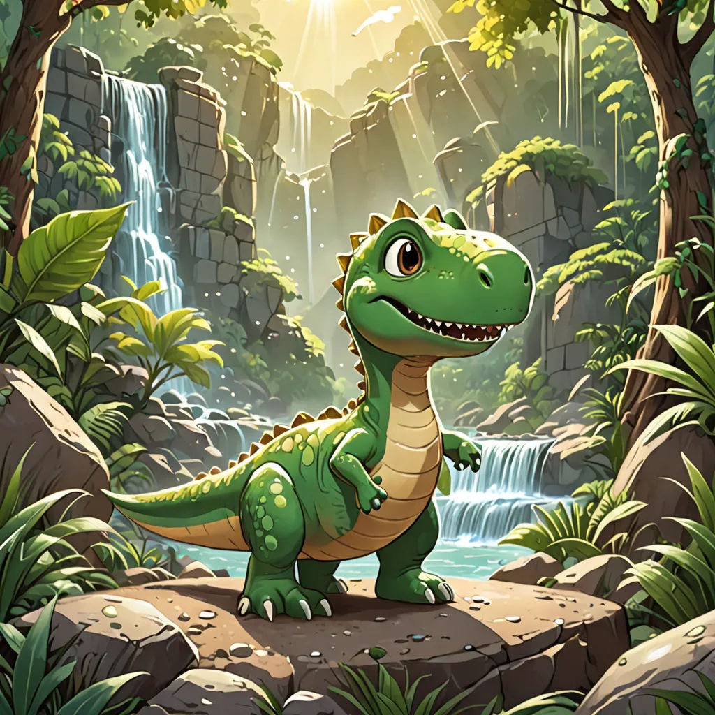 a cartoon dinosaur standing on a rock in a jungle with a waterfall in the background and sun shining down, sots art, a storybook illustration, Chris LaBrooy, rossdraws global illumination