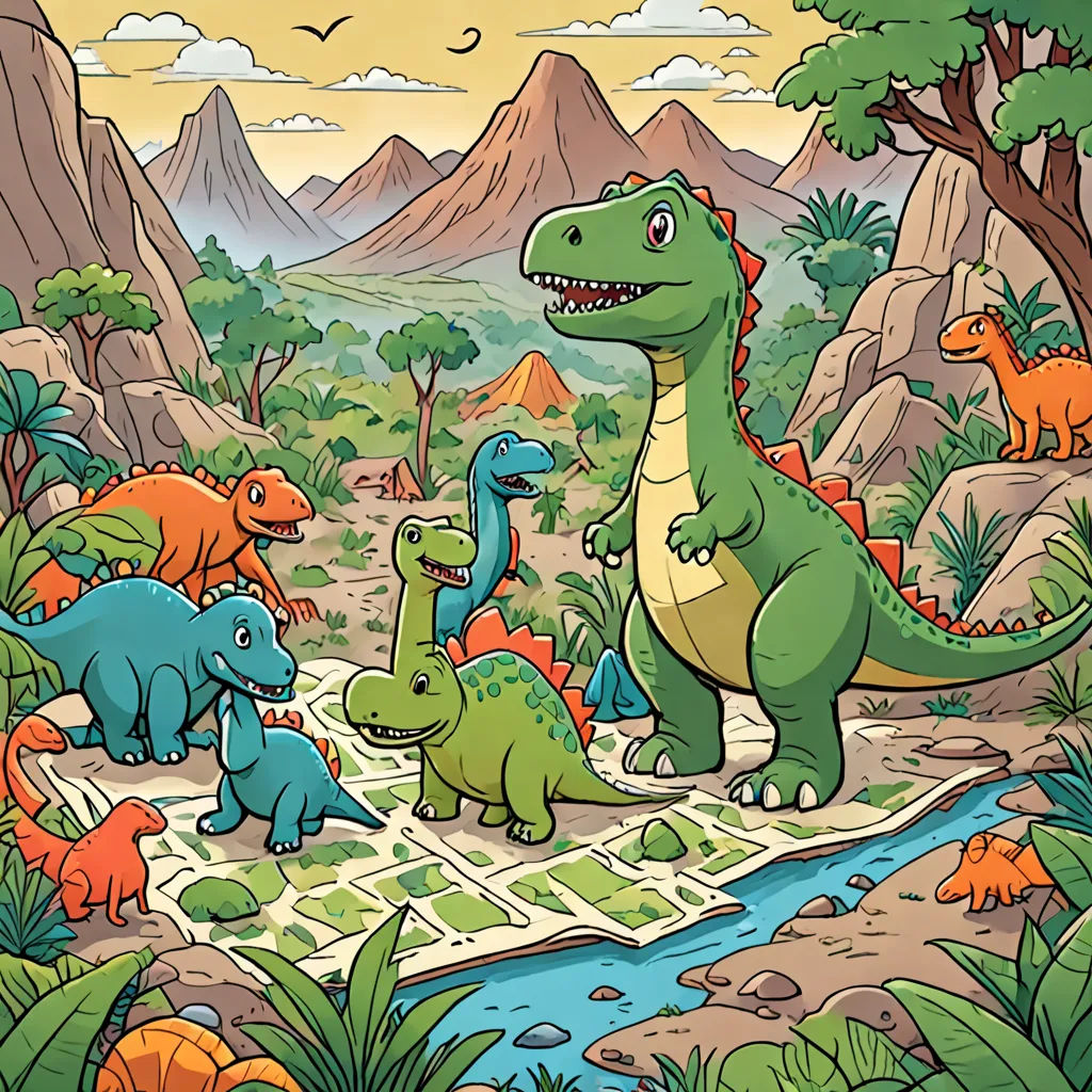a group of dinosaurs standing in a field of grass and rocks with a map in front of them and a mountain range in the background, primitivism, a storybook illustration, Adam Rex, rossdraws global illumination