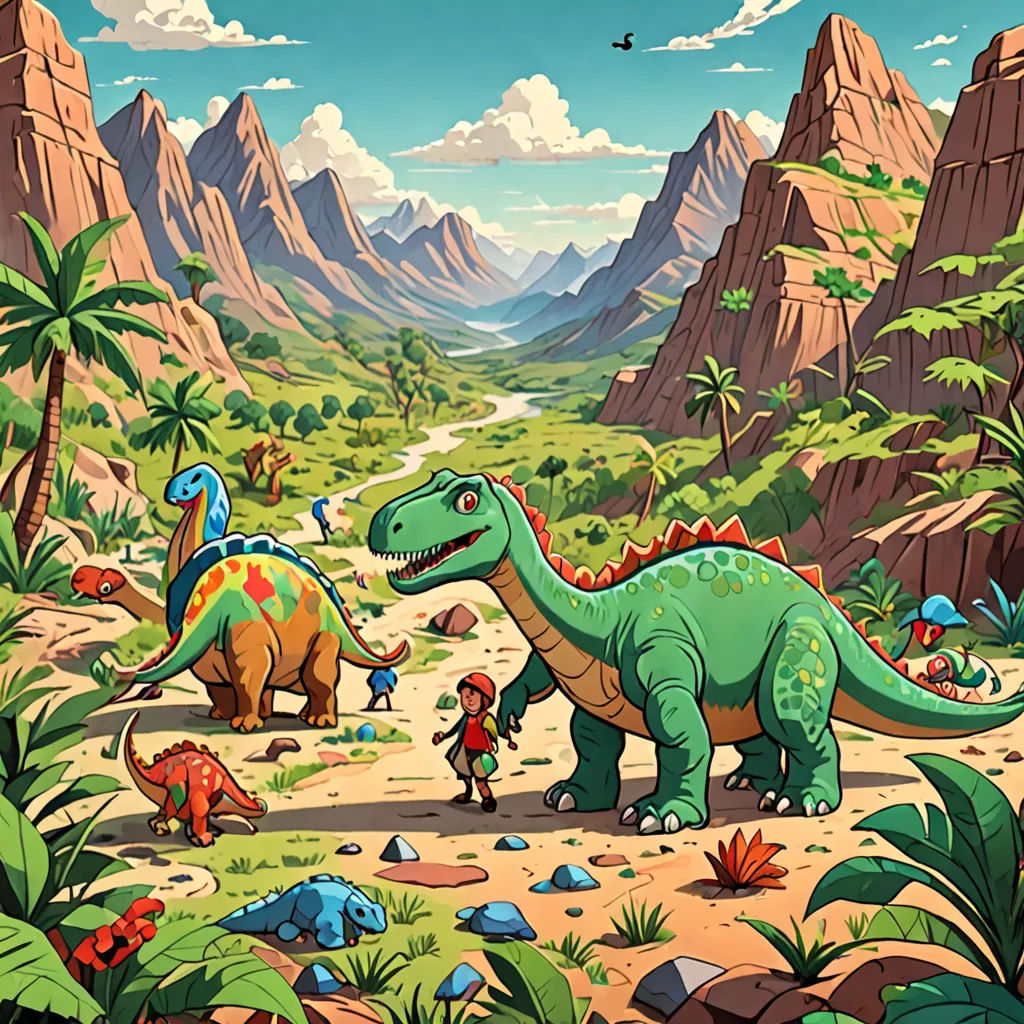 a painting of a dinosaur family in a desert landscape with mountains and trees in the background and a bird flying overhead, primitivism, a storybook illustration, Chris LaBrooy, 2 d game art