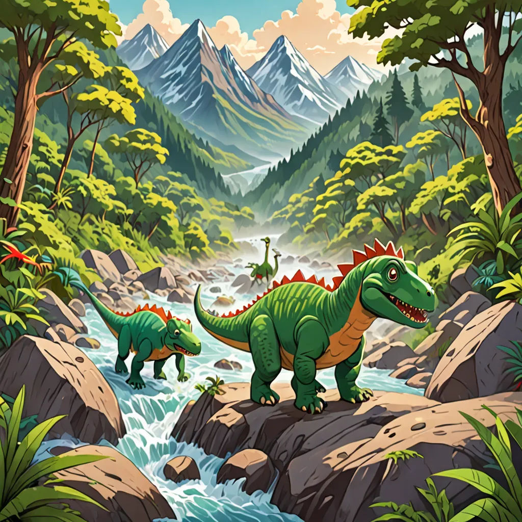 a painting of a dinosaur and a t - rex in a forest setting with a stream running through it, environmental art, a storybook illustration, Chris LaBrooy, rossdraws global illumination