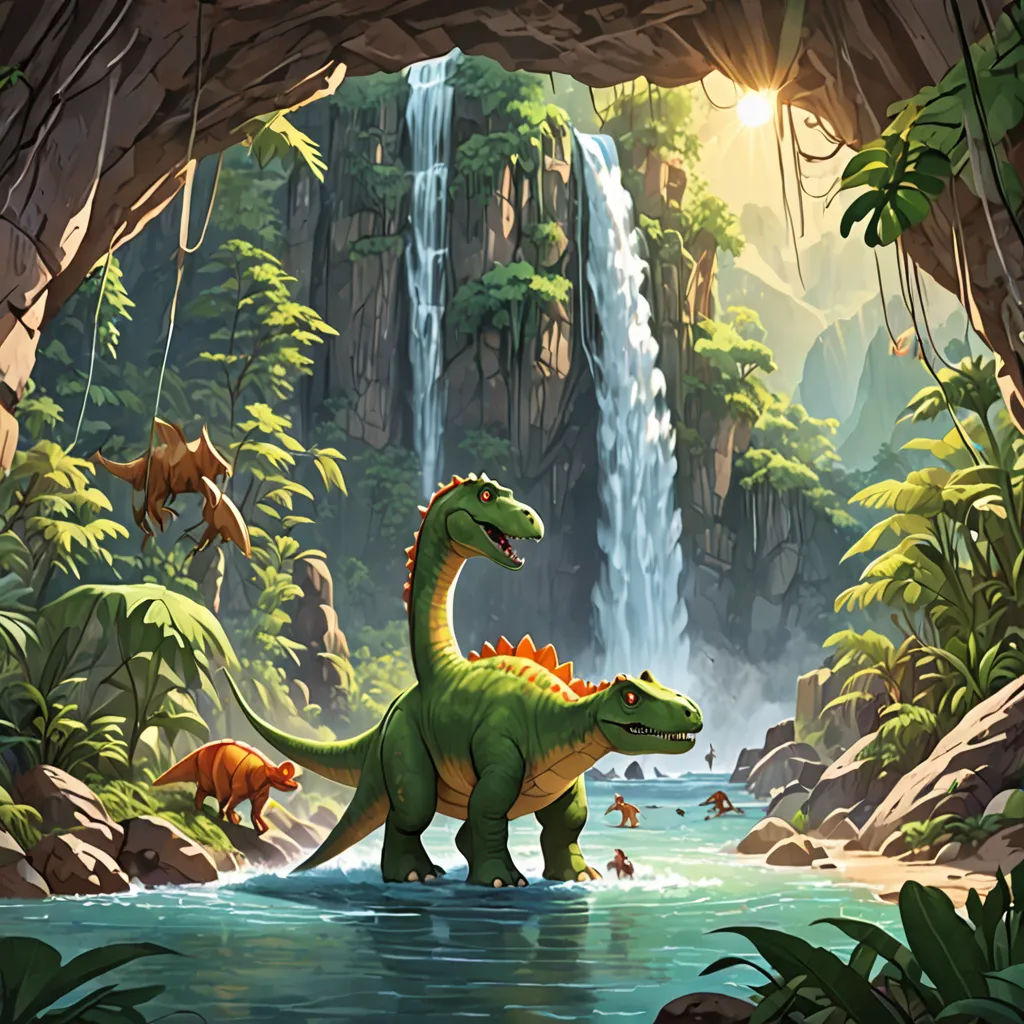 a painting of a dinosaur in a cave with a waterfall in the background and a group of other dinosaurs in the foreground, fantasy art, concept art, Chris LaBrooy, rossdraws global illumination