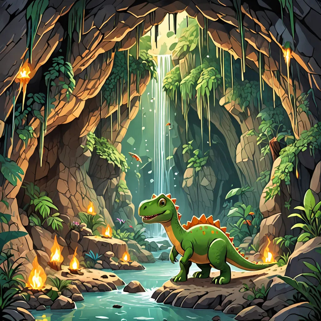 a dinosaur in a cave with a waterfall and candles in the background, and a stream of water running through the cave, fantasy art, concept art, Chris LaBrooy, rossdraws global illumination