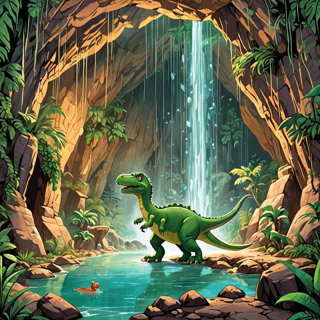 a dinosaur is standing in a cave with a waterfall and a fish in the water below it, and a man in a boat is swimming in the water, lyco art, a storybook illustration, Adam Rex, rossdraws global illumination