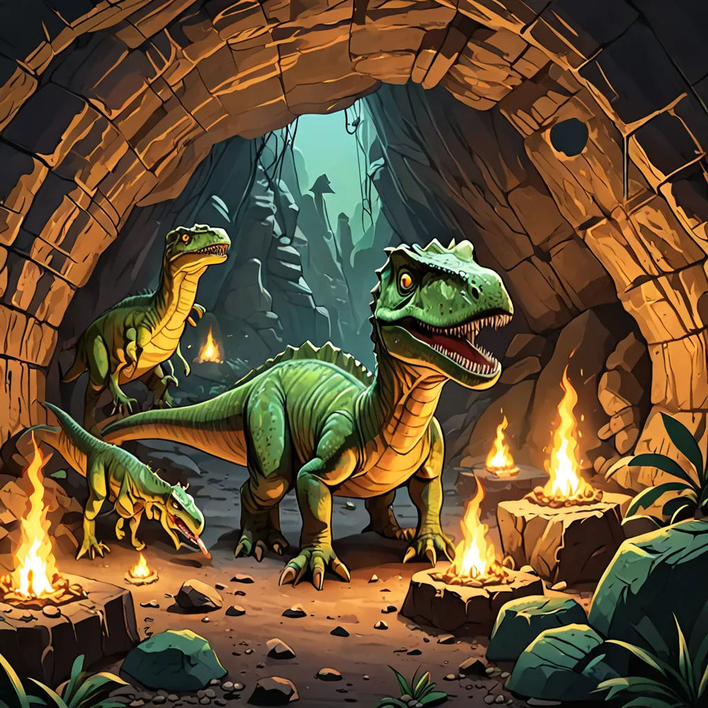 a group of dinosaurs in a cave with fire coming out of it's mouth and a man standing in the middle, sots art, concept art, Adam Rex, rossdraws global illumination
