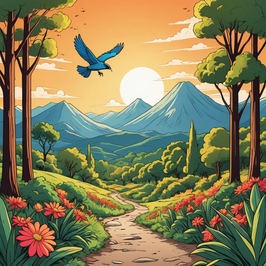 a bird flying over a forest with a path leading to a mountain range with flowers and trees on either side, fantasy art, a storybook illustration, Dan Mumford, josan gonzales and dan mumford