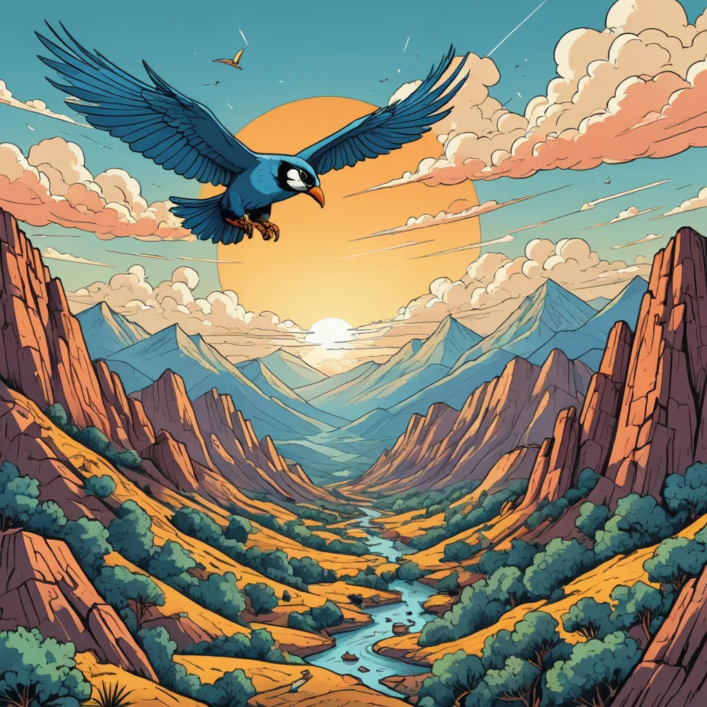 a bird flying over a mountain range with a river below it and a sunset in the background with clouds, fantasy art, a comic book panel, Dan Mumford, josan gonzales and dan mumford