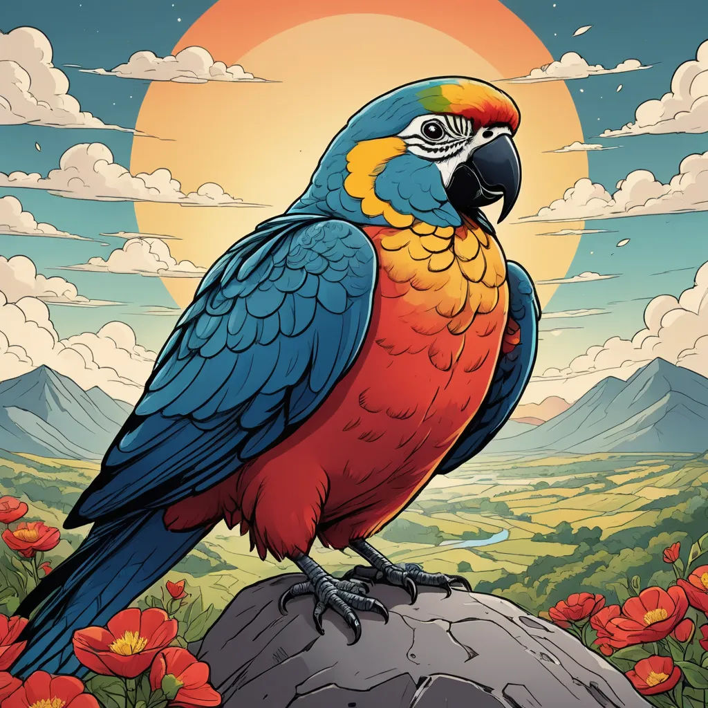 a colorful parrot sitting on a rock in front of a sunset and flowers with clouds in the background and a mountain range in the background, psychedelic art, poster art, Dan Mumford, josan gonzales and dan mumford