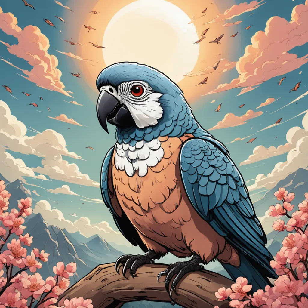 a blue and brown parrot sitting on a branch of a tree with pink flowers in the background and a full moon in the sky, fantasy art, a detailed drawing, Chris LaBrooy, josan gonzales and dan mumford