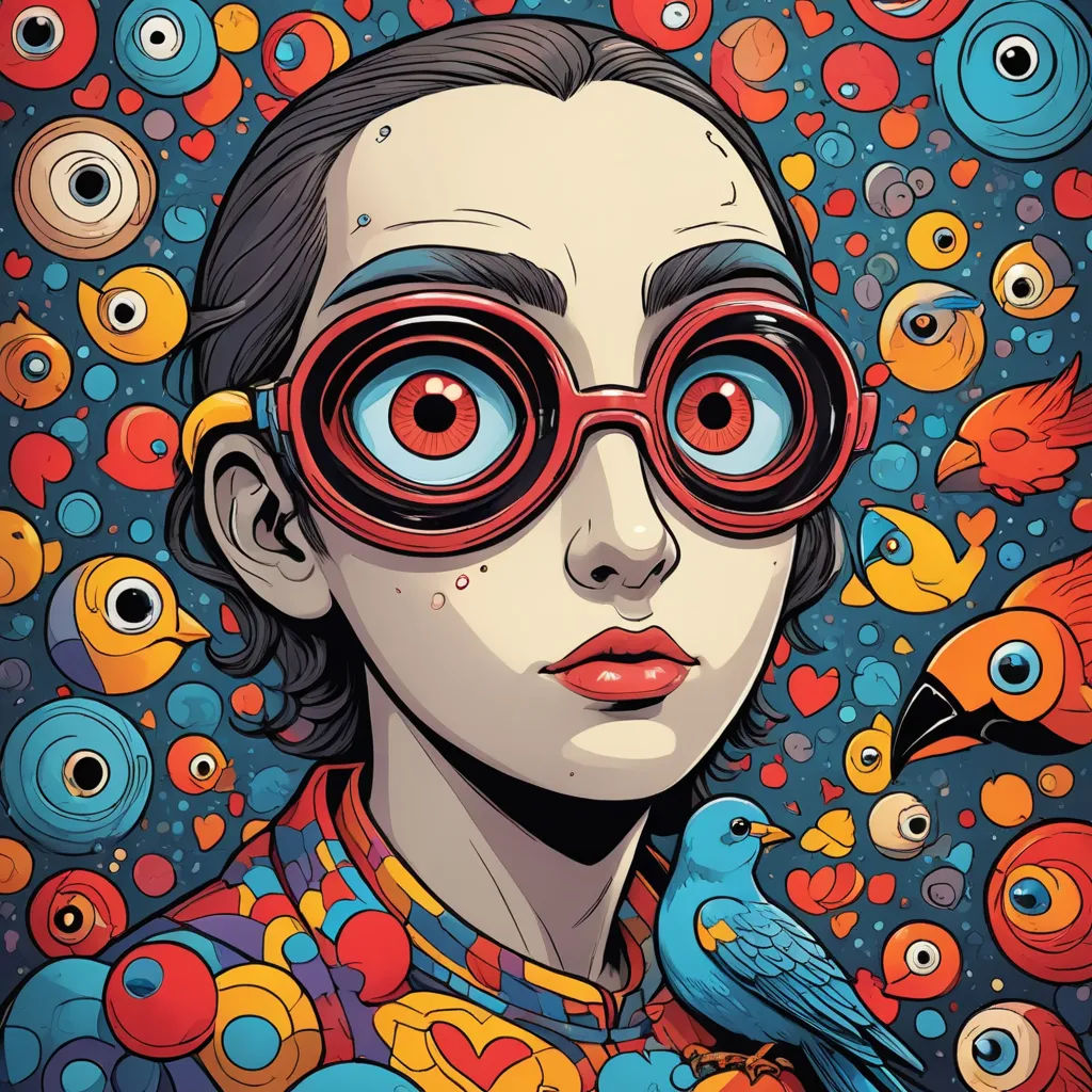 a woman with red glasses and a bird on her shoulder in front of a painting of fish and bubbles, maximalism, poster art, Android Jones, josan gonzales and dan mumford