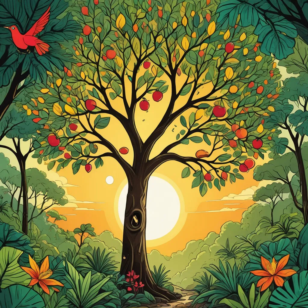 a painting of a tree with a bird flying over it and a sun setting in the background with leaves and flowers, naturalism, a storybook illustration, Chris LaBrooy, rossdraws global illumination