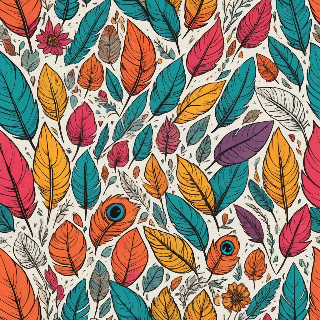 a colorful pattern with leaves and flowers on a white background, with a blue eye in the center of the image, arts and crafts movement, a storybook illustration, Annabel Kidston, highly detailed digital art