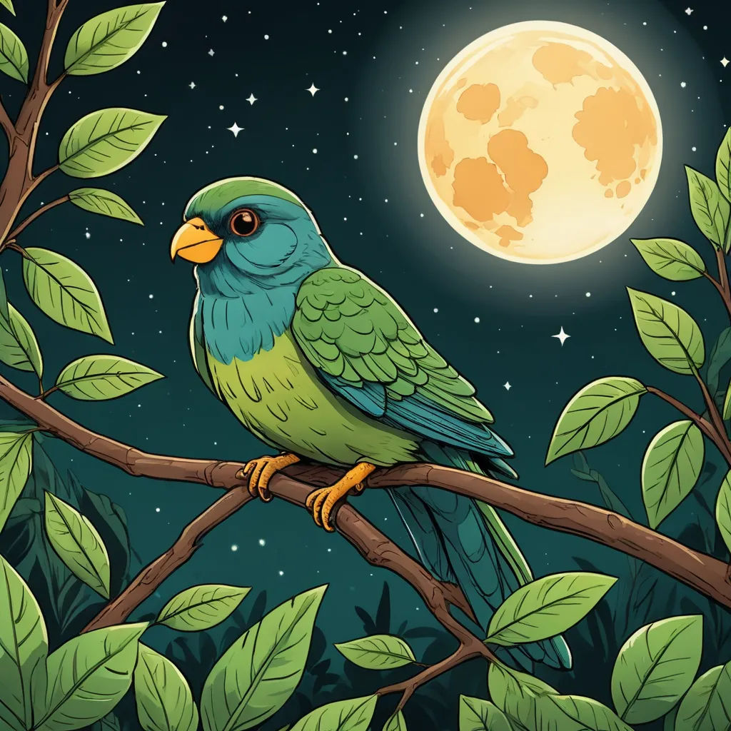 a green bird sitting on a branch in front of a full moon and stars background with leaves and branches, pop surrealism, a storybook illustration, Chris LaBrooy, detailed illustration