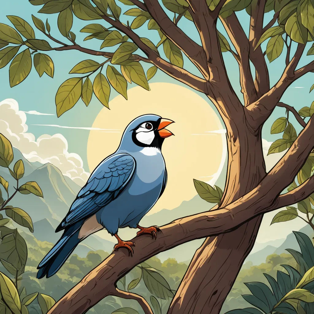 a blue bird perched on a tree branch in a forest with a full moon in the background and clouds in the sky, serial art, a storybook illustration, David Martin, storybook illustration