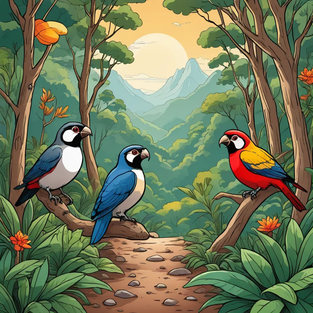 three birds are sitting on a tree branch in the forest with a mountain background and a path leading to them, fantasy art, a storybook illustration, Chris LaBrooy, birds