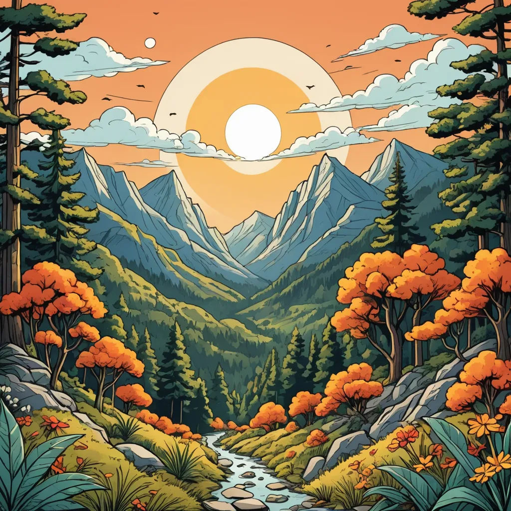 a painting of a mountain scene with a stream running through it and trees in the foreground and a sun setting in the background, psychedelic art, an ultrafine detailed painting, Dan Mumford, josan gonzales and dan mumford
