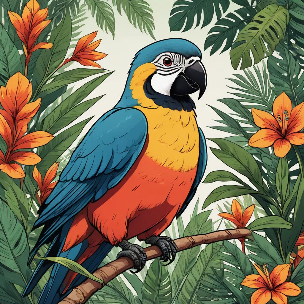 a colorful parrot sitting on a branch in a tropical forest with flowers and leaves on a white background with a blue and yellow parrot, naturalism, a storybook illustration, Chris LaBrooy, high detail illustration
