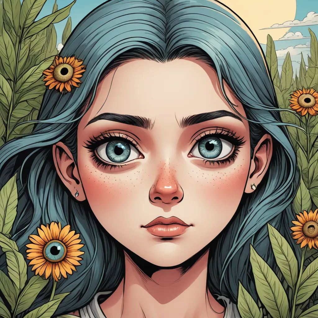 a girl with blue hair and sunflowers in her hair, with a blue - eyed girl in the background, pop surrealism, a detailed drawing, Anna Dittmann, trending on art station