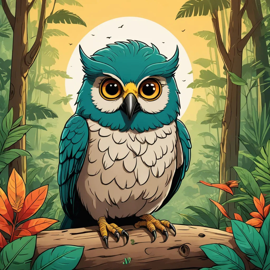 a blue owl sitting on a log in a forest with leaves and flowers around it, with a full moon in the background, fantasy art, a storybook illustration, Dan Mumford, josan gonzales and dan mumford