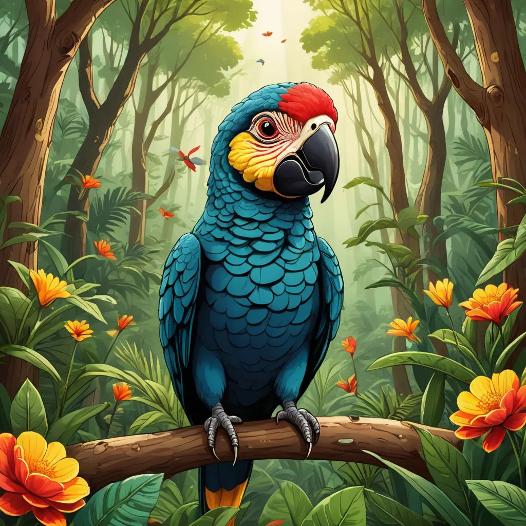 a blue parrot sitting on a branch in a forest with flowers and trees around it, with a bright yellow and red beak, fantasy art, a digital painting, Chris LaBrooy, highly detailed digital painting