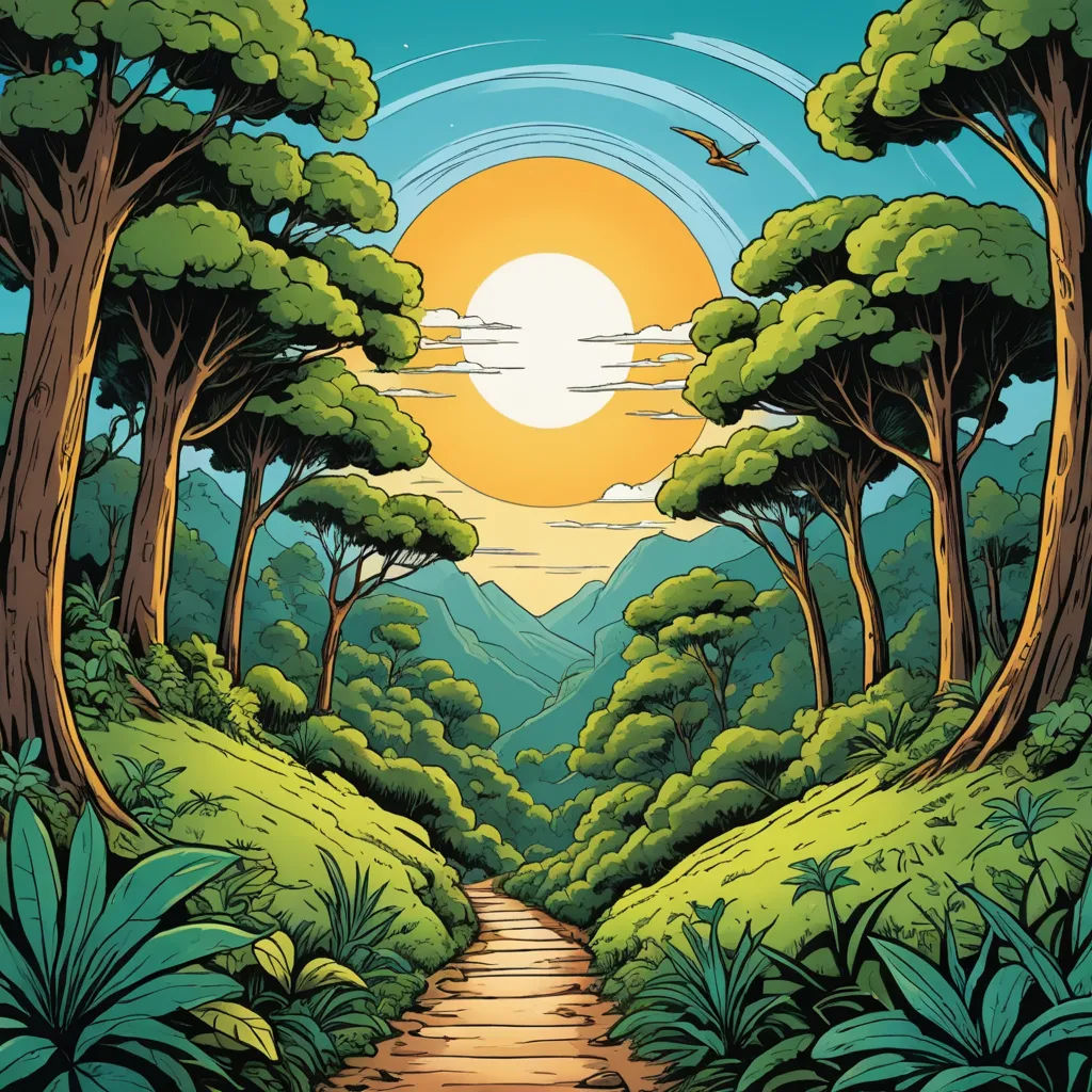 a painting of a forest with a path leading to the sun in the sky and trees on the ground, environmental art, a storybook illustration, Dan Mumford, jungle