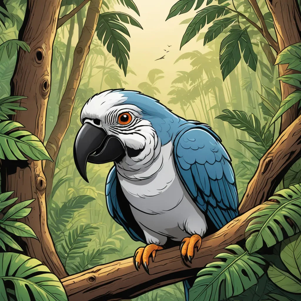 a blue and white parrot sitting on a branch in a jungle setting with trees and plants around it,, lyco art, a storybook illustration, Chris LaBrooy, high detail illustration