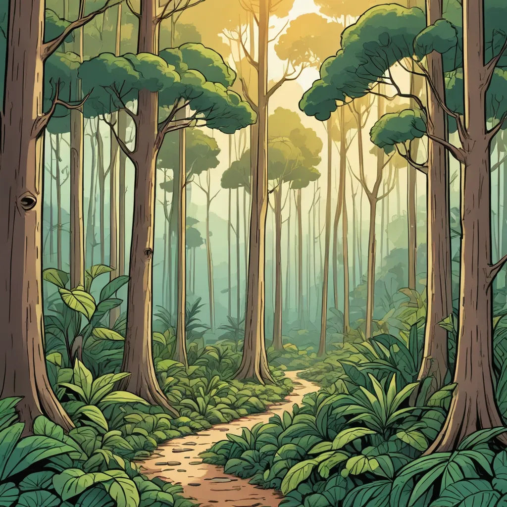 a painting of a forest with a path through it and lots of trees and plants on the ground and a sun shining through the trees, environmental art, a comic book panel, Chris LaBrooy, forest
