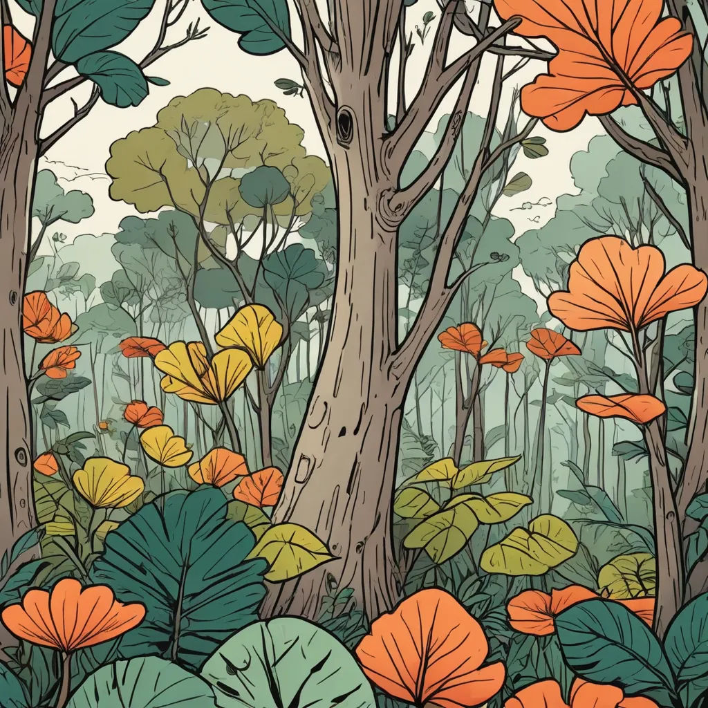 a painting of a forest with orange flowers and trees in the background, and a bird in the distance, environmental art, a storybook illustration, Asaf Hanuka, sachin teng