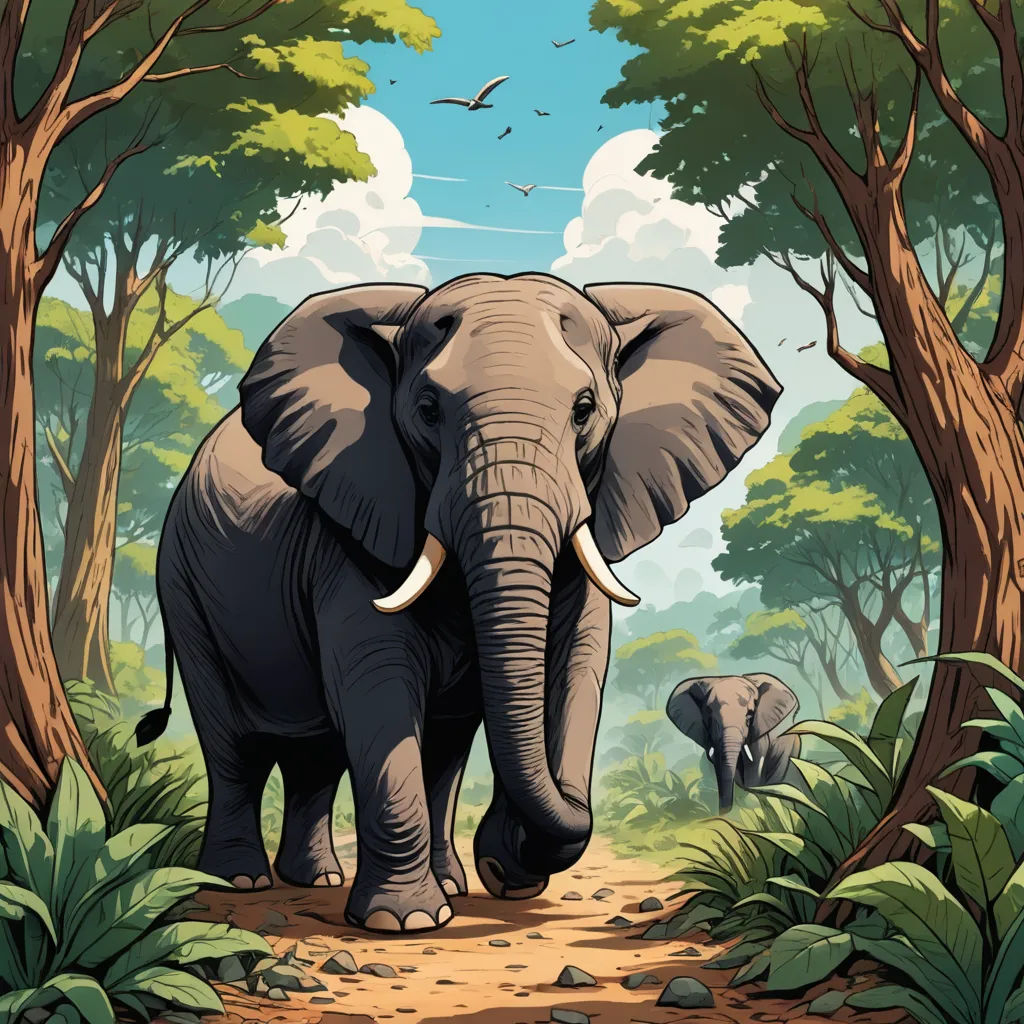 an elephant is walking through a forest with trees and birds flying overhead in the background is a bird - like sky, sumatraism, a storybook illustration, Chris LaBrooy, high detail illustration