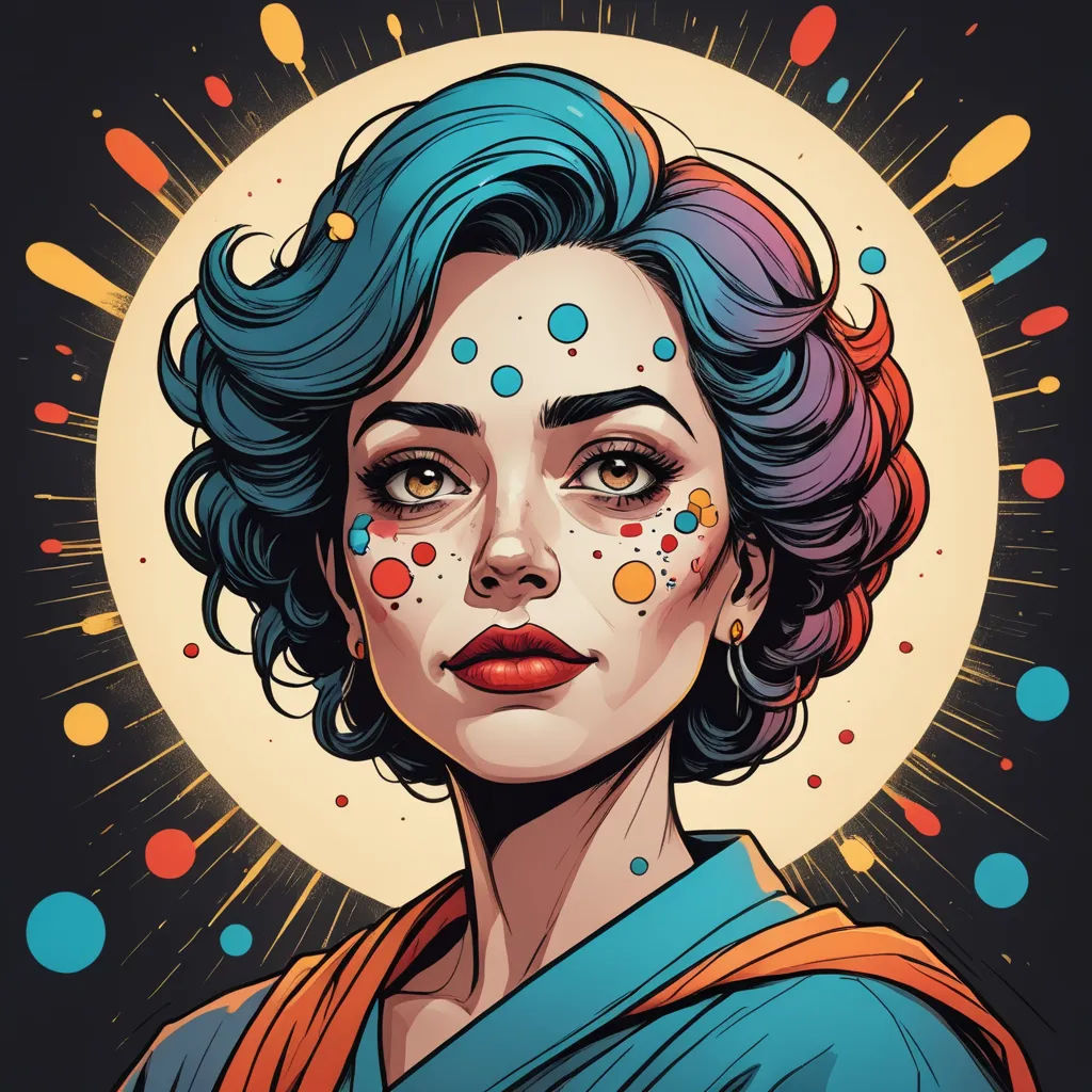 a woman with blue hair and dots on her face and a circle around her face with a sun in the background, pop art, an ultrafine detailed painting, Android Jones, josan gonzales and dan mumford