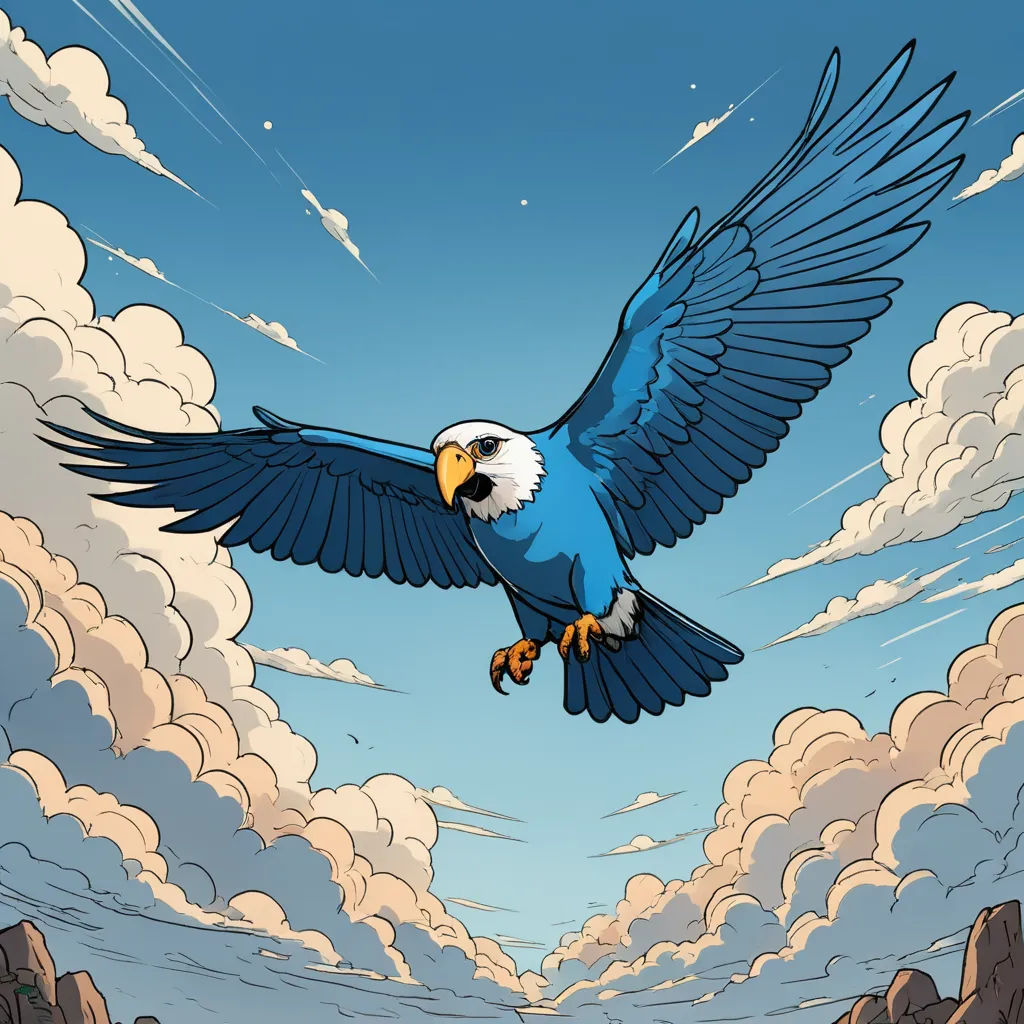 a blue bird flying through a cloudy sky with clouds in the background and a blue sky with white clouds, fantasy art, a comic book panel, Chris LaBrooy, sky