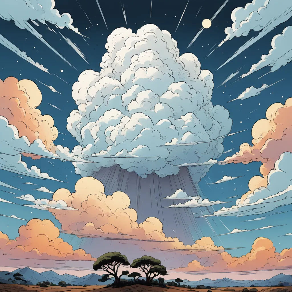 a cartoon scene with a cloud and trees in the foreground and a blue sky with white clouds and a few white clouds, nuclear art, a comic book panel, Chris LaBrooy, apocalypse