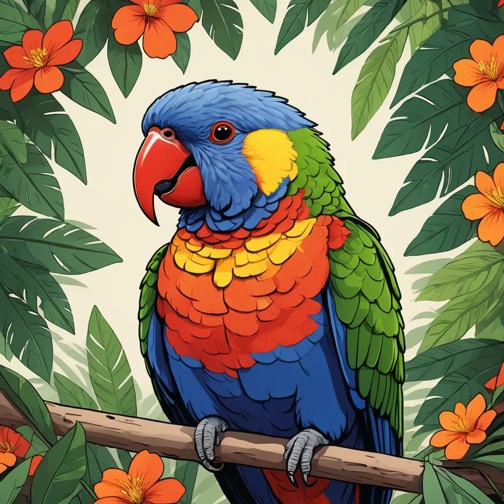 a colorful parrot sitting on a branch in a tropical forest with flowers and leaves on a white background with a yellow and red flower, furry art, a storybook illustration, Chris LaBrooy, high detail illustration