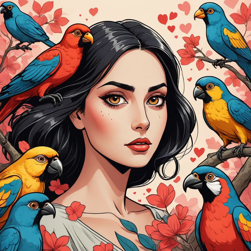 a woman with birds on her head and a tree with flowers in the background and a heart - shaped background, fantasy art, a detailed drawing, Artgerm, highly detailed digital painting