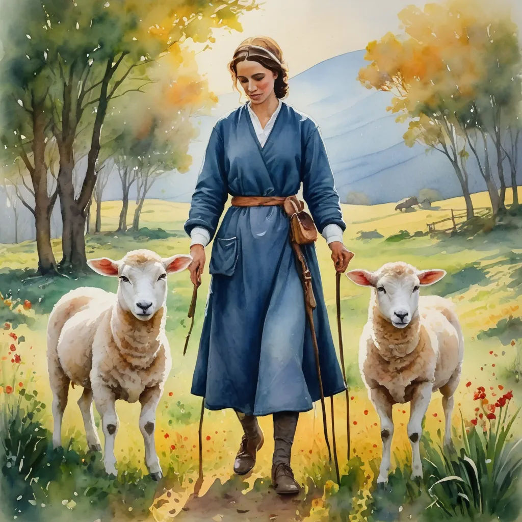 a painting of a woman with two sheep in a field with trees and flowers in the background, with a sky background, figurative art, a fine art painting, Edmund Leighton, official art