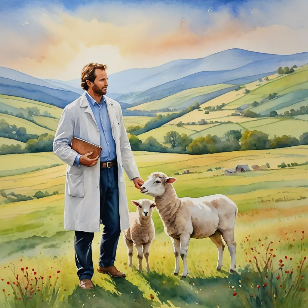 a painting of a man with a sheep in a field with mountains in the background and a sunset in the sky, figurative art, a storybook illustration, Colin Middleton, official art