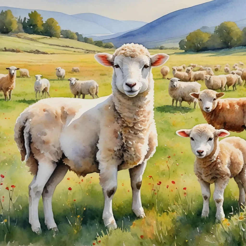 a painting of a herd of sheep in a field of grass and flowers with mountains in the background and a blue sky, figurative art, a watercolor painting, Carol Sutton, in gouache detailed paintings