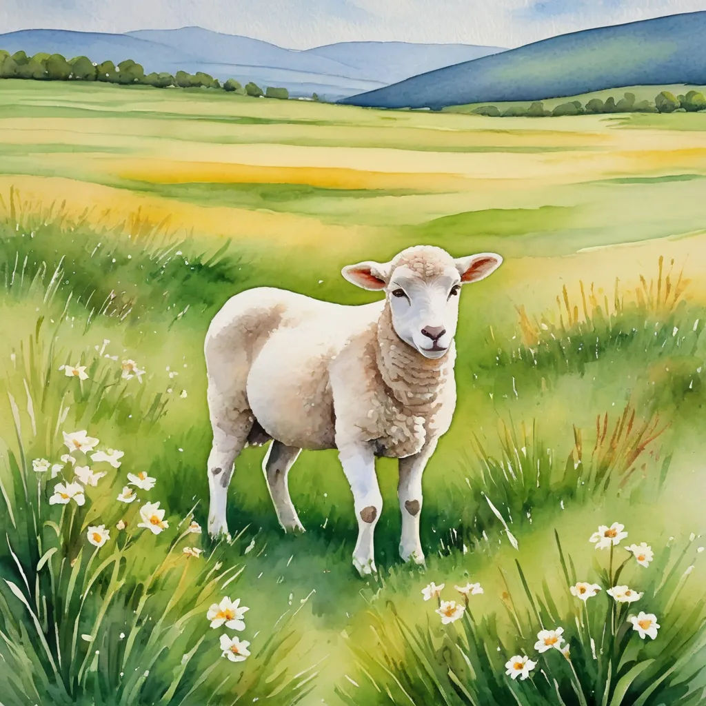 a painting of a sheep standing in a field of grass and flowers with mountains in the background and a blue sky, figurative art, a watercolor painting, Carol Sutton, detailed painting