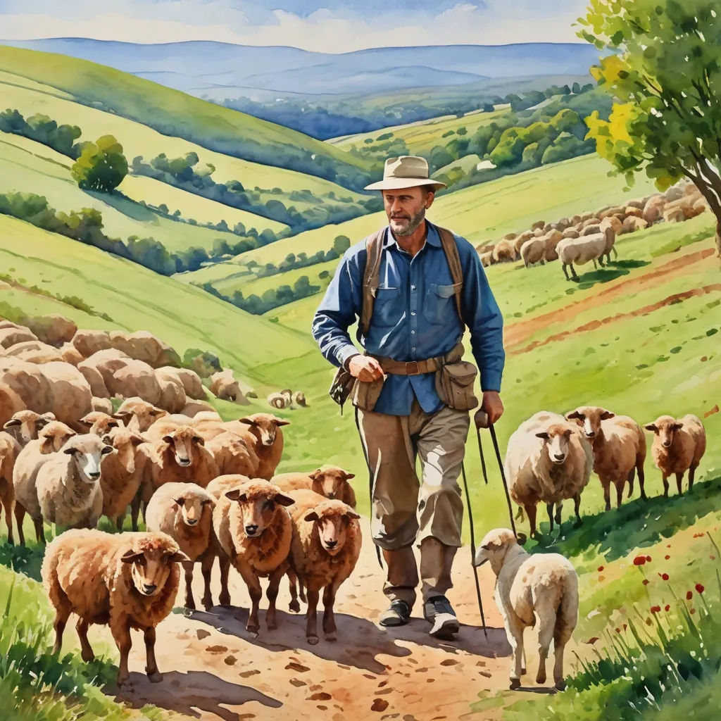 a painting of a man leading a herd of sheep down a dirt road with a dog on a leash, figurative art, a storybook illustration, Colin Middleton, syd meade