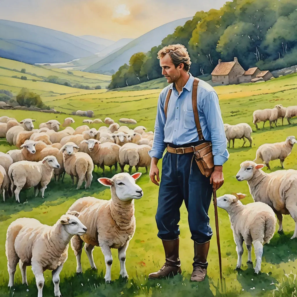 a painting of a man standing in a field with sheep and a dog in front of him, with a mountain in the background, figurative art, a storybook illustration, David Young Cameron, highly detailed oil painting