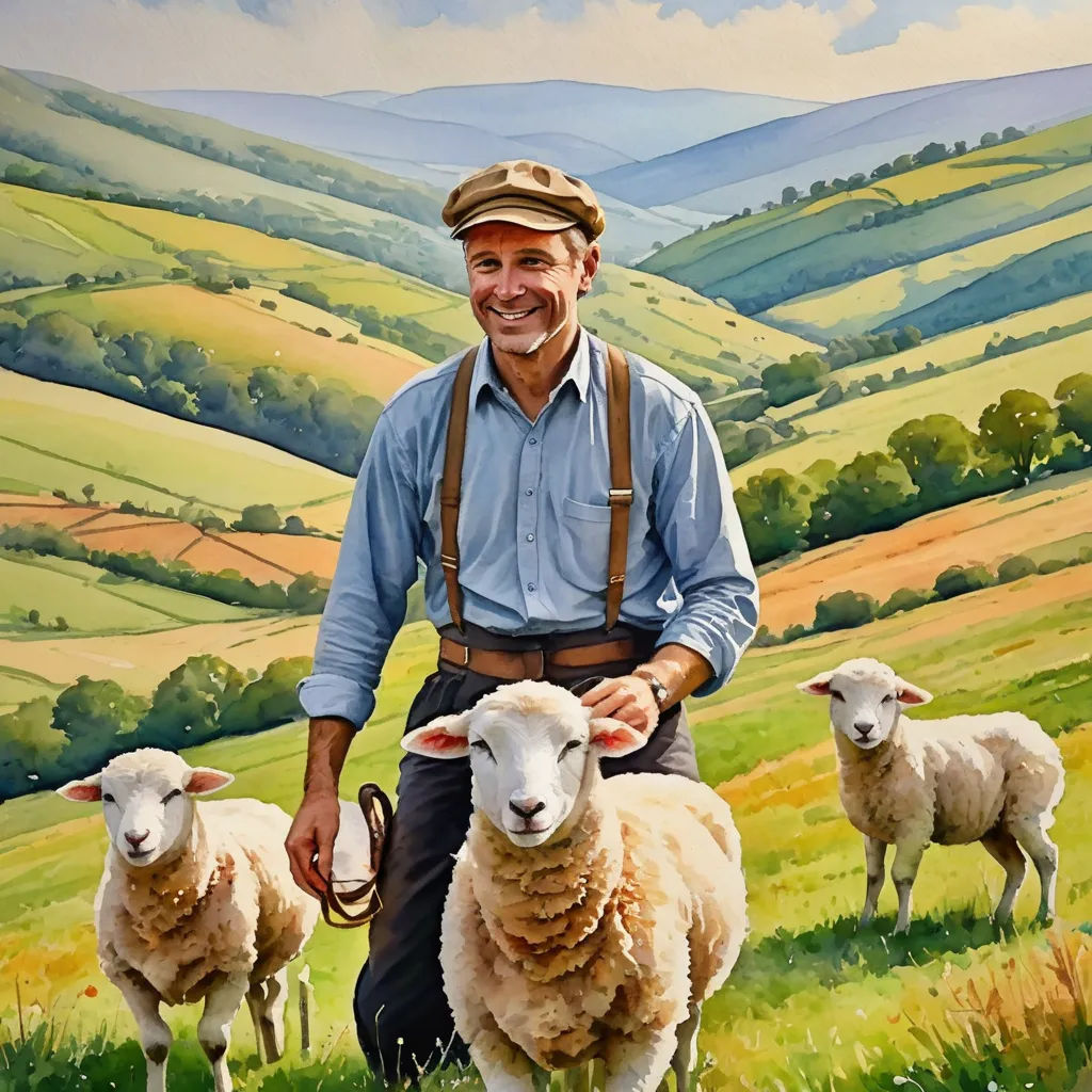 a painting of a man with two sheep in a field with hills in the background and a painting of a man with a hat on his knees, american scene painting, a storybook illustration, Bob Byerley, highly detailed digital painting