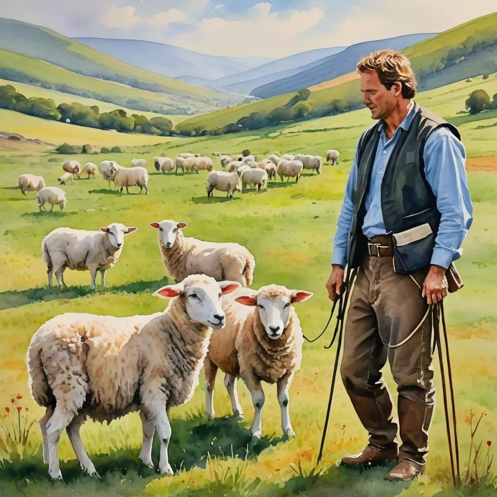 a painting of a man with a stick and sheep in a field with mountains in the background and a painting of a man with a cane, figurative art, a fine art painting, Douglas Robertson Bisset, highly detailed oil painting
