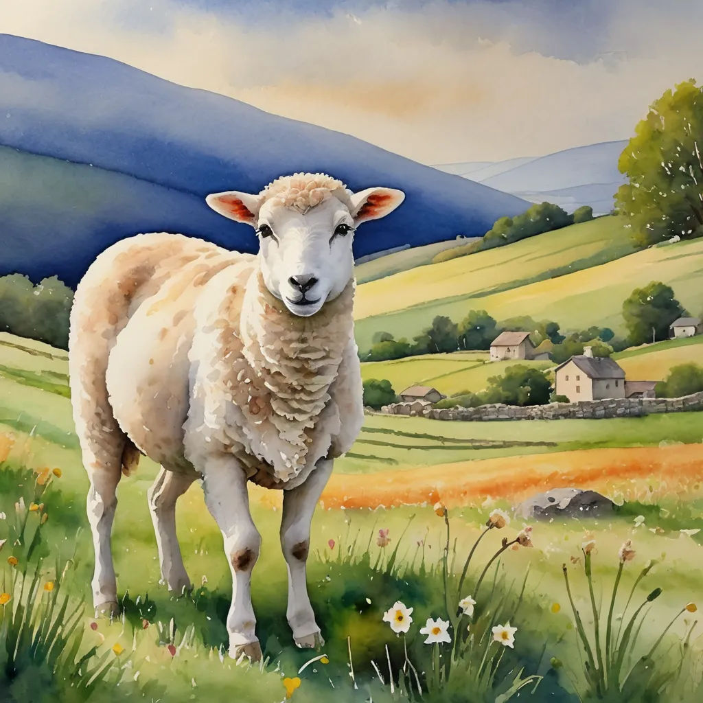 a painting of a sheep standing in a field of grass and flowers with a mountain in the background and a house in the distance, american scene painting, an airbrush painting, Colin Middleton, detailed painting